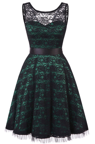 Vintage elegante vestido de renda verde escuro