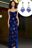 Royal Blue Sereia Espaghetti Straps Sequins Long Prom Dress com Acessório
