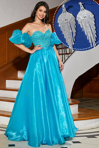 Azul A-Line Off The Shoulder Corset Beaded Prom Dress com acessório