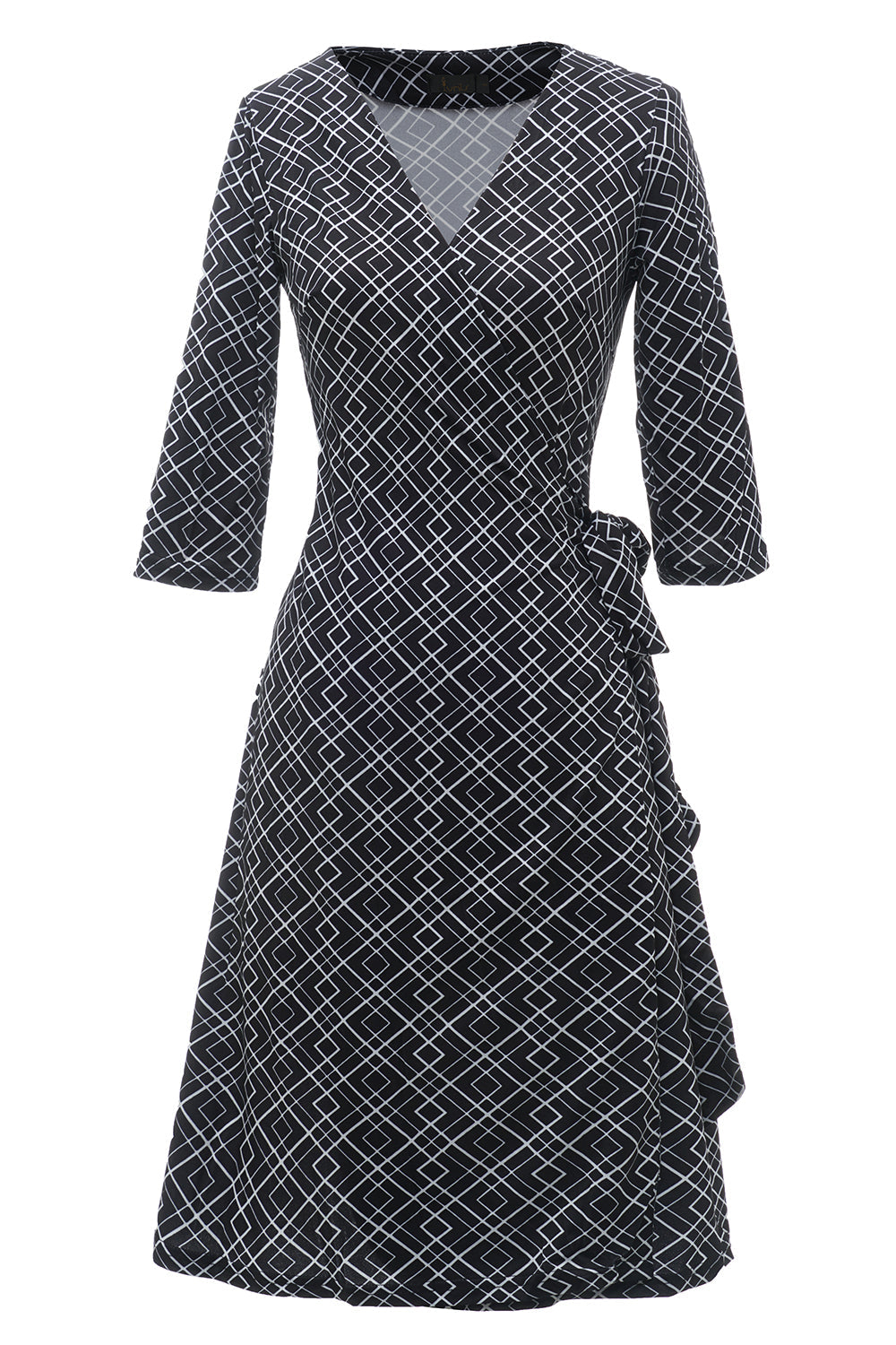 Vestido de embrulho de convidado de casamento impresso em geometria preta