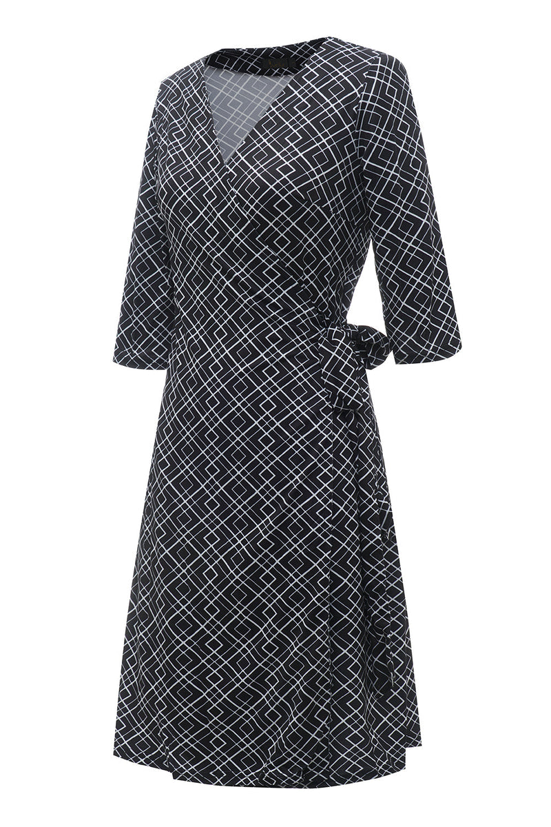 Carregar imagem no visualizador da galeria, Vestido de embrulho de convidado de casamento impresso em geometria preta