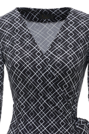 Vestido de embrulho de convidado de casamento impresso em geometria preta
