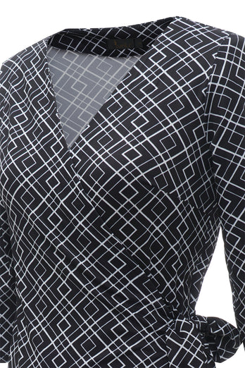 Vestido de embrulho de convidado de casamento impresso em geometria preta