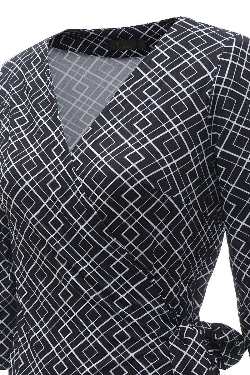 Carregar imagem no visualizador da galeria, Vestido de embrulho de convidado de casamento impresso em geometria preta