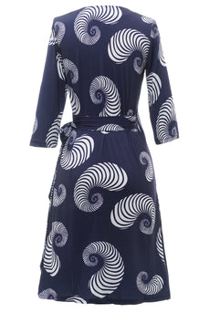 Vestido de convidado de casamento impresso de geometria azul marinho
