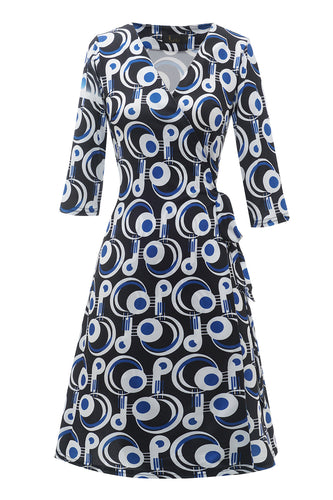 Vestido de convidado impresso de geometria azul real
