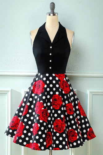 Vestido vintage polka dots de polca floral de rosa preta