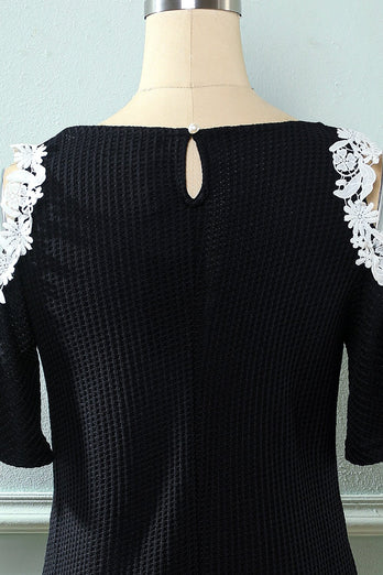 Vestido de malha de ombro frio preto com apliques