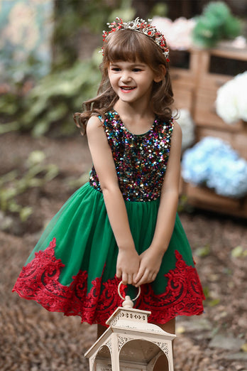 Vestido de menina flor verde e vermelha com lantejoula