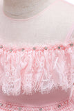 Vestido de garota de flor de pescoço redondo de ilusão rosa com renda