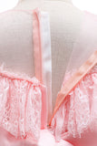 Vestido de garota de flor de pescoço redondo de ilusão rosa com renda
