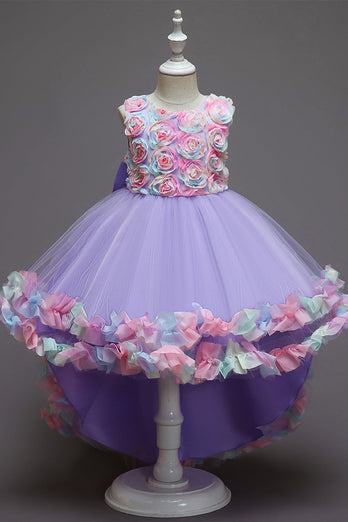 Vestido de menina flor rosa com flores e bowknot
