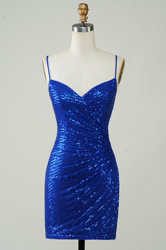 Sparkly Bodycon Esparguete Correias Royal Blue Sequins Short Homecoming Dress