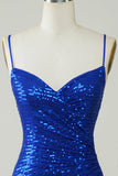Sparkly Bodycon Esparguete Correias Royal Blue Sequins Short Homecoming Dress