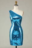 Glitter Royal Blue One Shoulder Sequins Vestido Hoco Apertado