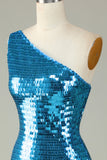 Glitter Royal Blue One Shoulder Sequins Vestido Hoco Apertado