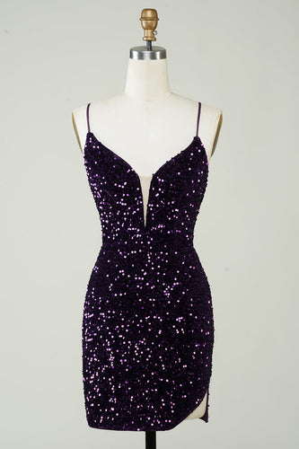Sparkly Purple Sequins Backless Tight Short Homecoming Dress com fenda
