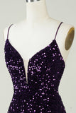 Sparkly Purple Sequins Backless Tight Short Homecoming Dress com fenda