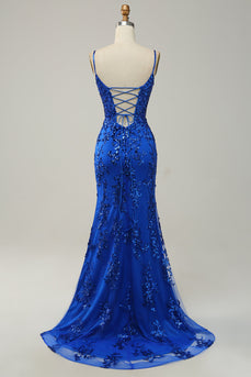 Sereia Cintas de Espaguete Azul Real Lantejoulas Vestido de Festa