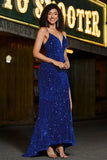 Sereia Azul Real Lace-Up Back Sequin Long Prom Dress com Fenda