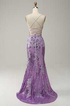 Sereia Cintas de Espaguete Roxo Vestido de Festa Com Apliques