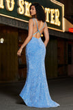 Esparguete azul brilhante correias longo vestido de baile de formatura sereia com lantejoulas