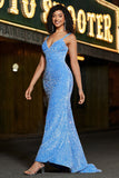 Esparguete azul brilhante correias longo vestido de baile de formatura sereia com lantejoulas