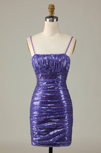 Sparkly Purple Sequins Espaghetti Correias Apertado Curto Homecoming Dress