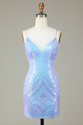 Sparkly Bainha Esparguete Correias Blue Sequins Short Homecoming Dress com Backless