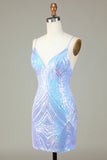 Sparkly Bainha Esparguete Correias Blue Sequins Short Homecoming Dress com Backless