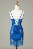 Sparkly Bodycon Esparguete Correias Blue Sequins Short Homecoming Dress com Tassel