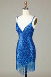 Sparkly Bodycon Esparguete Correias Blue Sequins Short Homecoming Dress com Tassel