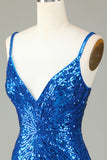 Sparkly Bodycon Esparguete Correias Blue Sequins Short Homecoming Dress com Tassel