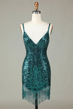 Sparkly Bodycon Esparguete Correias Blue Sequins Short Homecoming Dress com Tassel