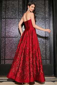 A-Line Strapless elegante princesa vermelho escuro longo vestido de baile com flores 3D