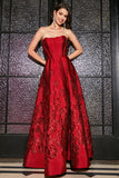 A-Line Strapless elegante princesa vermelho escuro longo vestido de baile com flores 3D