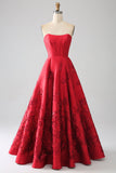 Elegante Princess A-Line Strapless Dark Red Long Prom Dress com flores 3D