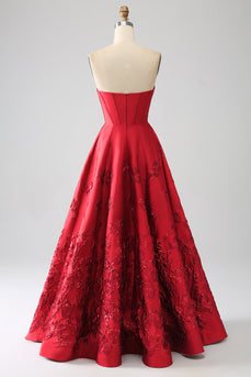 Elegante Princess A-Line Strapless Dark Red Long Prom Dress com flores 3D