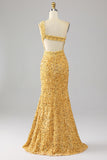 Sereia Sequins Um Ombro Vestido de Baile de Formatura Dourado com Fenda