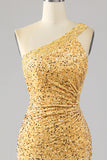 Sereia Sequins Um Ombro Vestido de Baile de Formatura Dourado com Fenda
