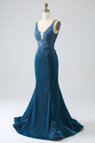 Glitter Vestido de Baile de Formatura Azul Escuro Sereia com Missangas