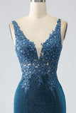 Glitter Vestido de Baile de Formatura Azul Escuro Sereia com Missangas