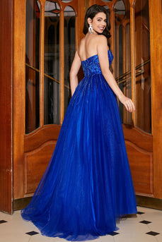 A-Line Querida Royal Blue Prom Dress com Missangas