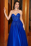 A-Line Querida Royal Blue Prom Dress com Missangas
