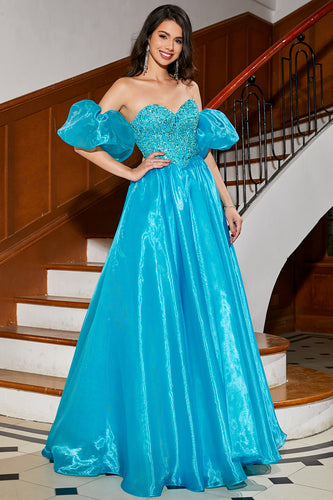 A-Line Blue Corset Prom Dress com Missangas