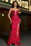 Sereia elegante espaguete correias vermelho escuro Corset Prom Dress com frente dividida