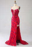 Sereia Vermelho Escuro Sequins Prom Dress com Fenda