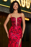 Sereia elegante espaguete correias vermelho escuro Corset Prom Dress com frente dividida