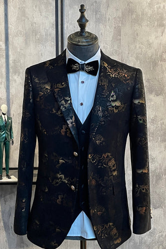 Castanho Escuro Lapela Entalhada Jacquard Blazer Masculino