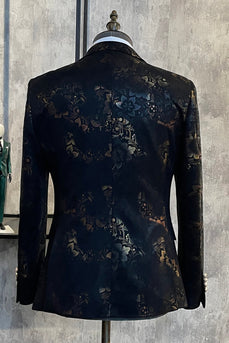 Castanho Escuro Lapela Entalhada Jacquard Blazer Masculino